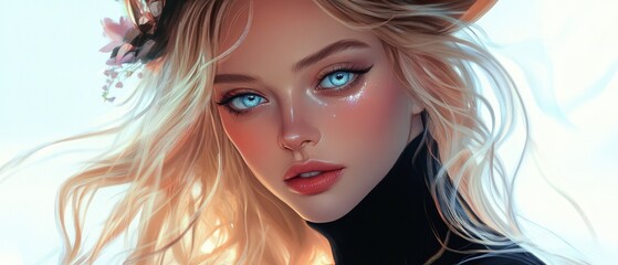 Epic anime-style airbrush illustration of a blonde woman in a pumpkin hat with flowing hair, glittery skin, and holographic pastel makeup