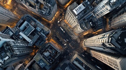 An aerial perspective of a city at dusk, showcasing the dense network of buildings and streets, with lights illuminating the urban landscape.