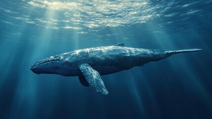 Naklejka premium A majestic blue whale swimming near the surface of the ocean, with the sun glinting off its back.