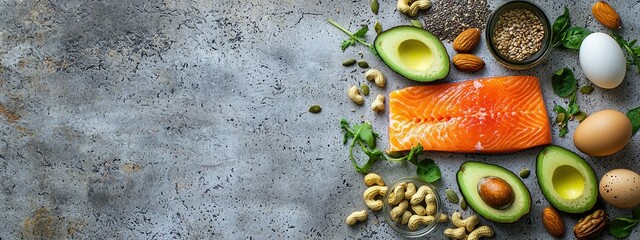 Vegetables fruits fish meat keto diet top view. Selective focus