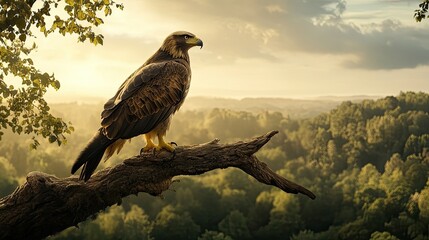 Fototapeta premium A majestic eagle perched on a tree branch, scanning the landscape below.