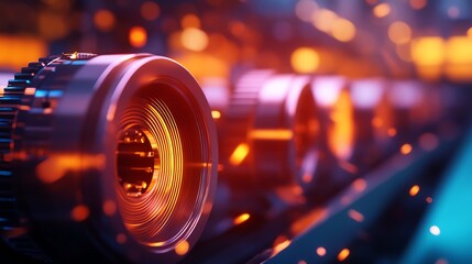 A factory producing electric motors for industrial machinery, with workers overseeing the process, electric motor production, industrial machinery manufacturing