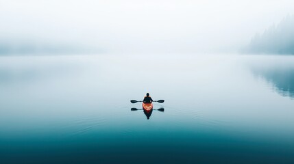 Fototapeta premium A solitary kayaker glides through a misty lake, reflecting tranquility and the serene beauty of nature.