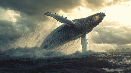 Fototapeta premium A majestic humpback whale breaching out of the water, with a spray of water droplets in the air.