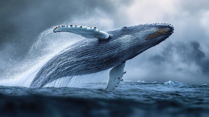 Fototapeta premium A majestic humpback whale breaching out of the water, with a spray of water droplets in the air.