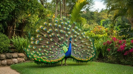 Obraz premium A majestic peacock spreading its colorful tail feathers in full display, standing in a lush garden.