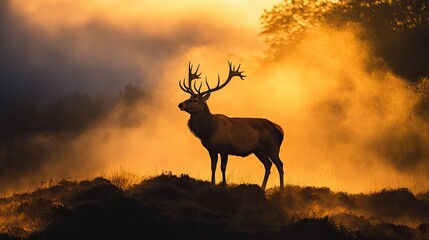 Naklejka premium A majestic red stag standing on a hilltop, silhouetted against the morning mist.