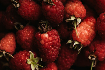 Ripe and juicy raspberry on the dark rustic background. Selective focus. Shallow depth of field. Shot from above.