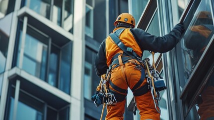 A window washer is seen cleaning the windows of a tall skyscraper. He is wearing a safety harness and rope, and is carefully working his way up the building.