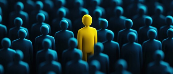Fototapeta premium Bright yellow figure standing out among a crowd of dark blue figures, symbolizing individuality and the celebration of uniqueness in a uniform setting