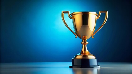 Golden trophy is standing on a table with a blue background, representing victory and achievement