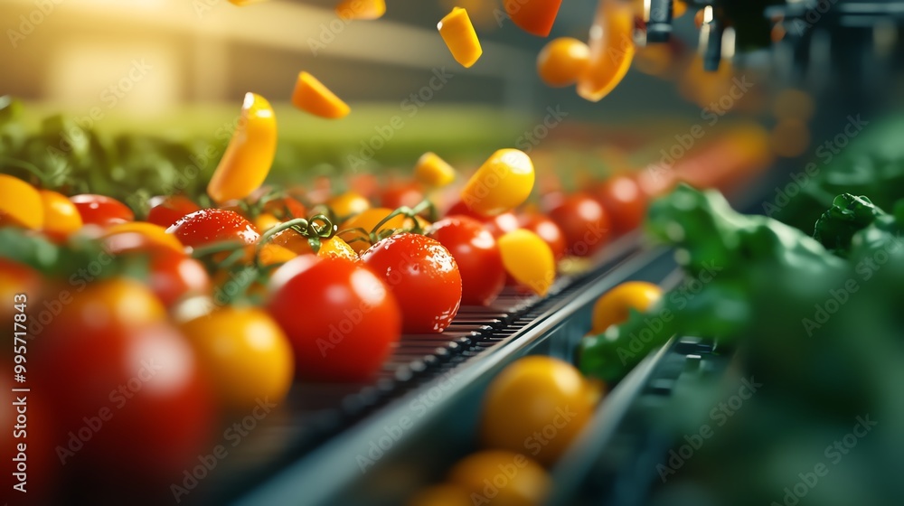 Poster automated food processing machines slicing vegetables in a highspeed production line, food slicing a
