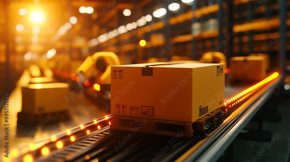 Poster automated packaging robots sorting and boxing products in a warehouse, automated packaging, smart wa