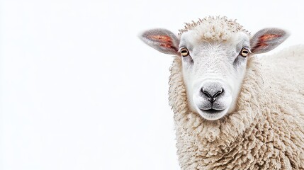 Obraz premium A Close-Up of a Curious Sheep With Soft Wool, Set Against a Light Background in a Rural Area