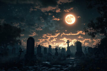 A haunting graveyard scene under a full moon, with eerie clouds and shadows casting an unsettling atmosphere.