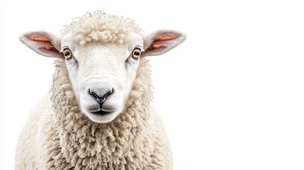 A Close-Up of a Curious Sheep Looking Directly at the Camera Against a White Background