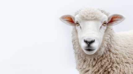 Obraz premium A Fluffy Sheep With Bright Eyes Stands Against a Plain Background on a Sunny Day