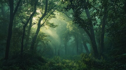 Obraz premium Sunbeams pierce through the misty forest, creating a magical and tranquil atmosphere