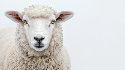 Obraz premium A Close-Up of a Sheep With Fluffy Wool Looking Directly at the Camera Against a White Background
