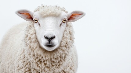 Fototapeta premium A Close-Up of a Fluffy White Sheep Against a Plain Background Looking Directly at the Camera