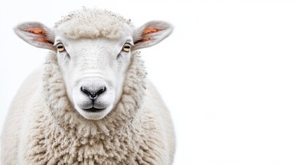 Obraz premium A Close-Up View of a Sheep Looking Directly at the Camera in a Bright, White Setting