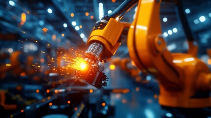 Large industrial robots moving automotive parts on a production line, automotive robotics, hightech manufacturing