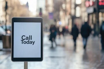 Call to Action Sign with White Background Featuring Prominently Displayed Mobile Phone and "Call Today" Slogan with Blank Space for Phone Number