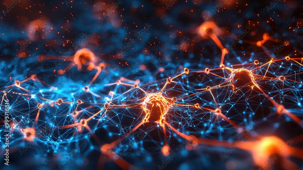 Canvas Prints A vibrant abstract image showcasing a network of interconnected nodes and circuits in orange and blue hues, resembling a digital or neural landscape.