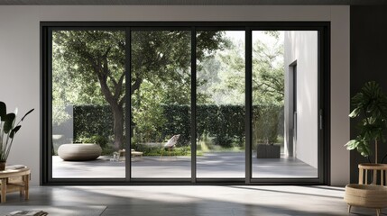 A modern interior with sliding glass doors that open to a green garden with a tree and patio furniture.