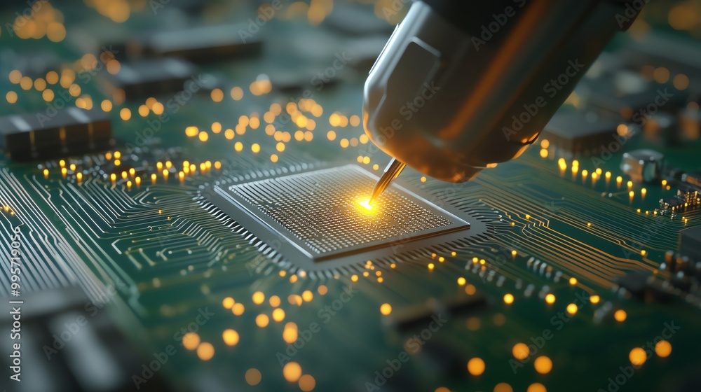 Poster robots assembling intricate circuit boards in an electronics manufacturing facility, robotic electro