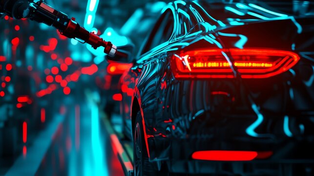 Robotic arms painting car bodies in an automotive production line, automated car painting, robotic precision
