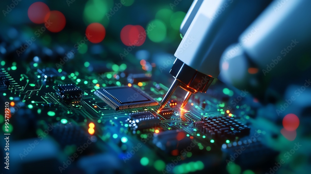 Poster robots assembling intricate circuit boards in an electronics manufacturing facility, robotic electro