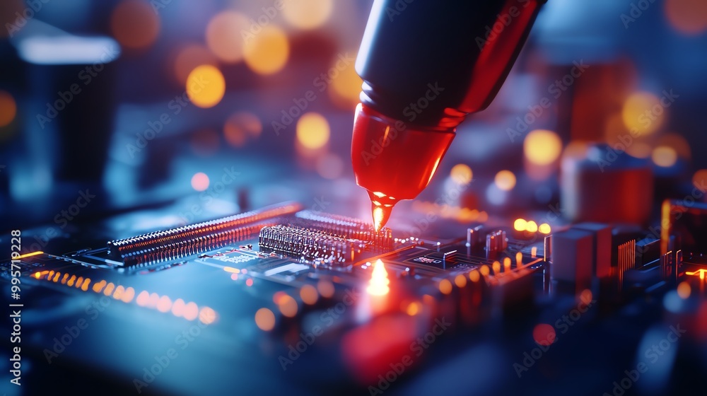 Poster robots assembling intricate circuit boards in an electronics manufacturing facility, robotic electro