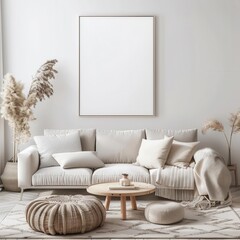 Minimalist modern living room with blank canvas, neutral palette, cozy textures, minimalist cozy space, neutral decor