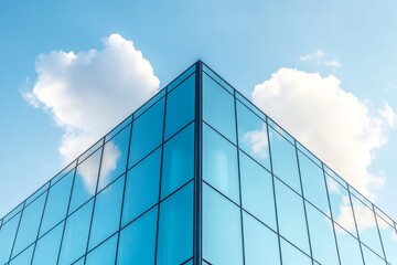 Modern Glass Building Corner Reflects Clouds Against a Blue Sky in Bright Daylight