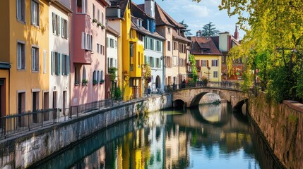 Fototapeta premium A narrow canal in a European city, lined with colorful historic buildings and stone bridges.
