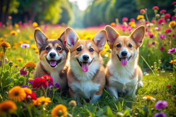 Playful corgis dash around a sunny park, basking in greenery and colorful blooms, their antics bringing delight to