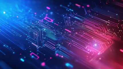An abstract illustration of a circuit board with neon lights, representing technology, innovation, and the digital age.