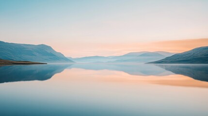 Fototapeta premium A picturesque view of a serene mountain lake at dawn, with the reflection of the mountains and sky creating a tranquil scene.