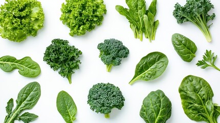 Assortment of green leafy vegetables on white background. Broccoli, kale, spinach, and lettuce.