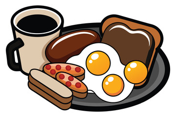 bread and butter, Traditional Full English Breakfast with sunny-side-up fried eggs, bacon, sausages, beans in tomato sauce, toasts