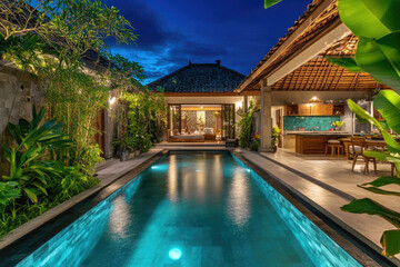 Fototapeta premium A beautiful and modern Balinese-style villa with a pool, set against a blue sky at night. The large, open-living room features a kitchen in the back, with green plants lining the side walls