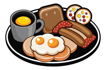 Traditional Full English Breakfast with sunny-side-up fried eggs, bacon, sausages, beans in tomato sauce, toasts on white background