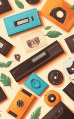 Retro VHS tapes and a modern streaming device on a living room shelf, flat design, top view, entertainment theme, water color, colored pastel