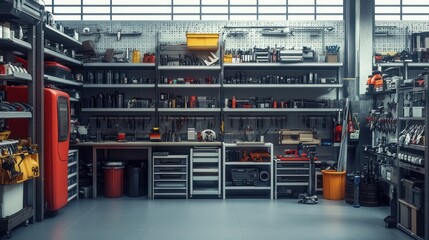 Fototapeta premium An immaculate workspace with an array of tools and equipment on shelves in a well-organized workshop.