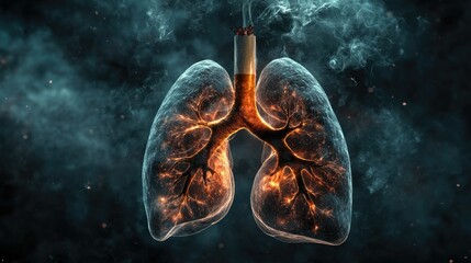 A pair of lungs affected by cigarette smoke, symbolizing the dangerous impact of smoking on lung health