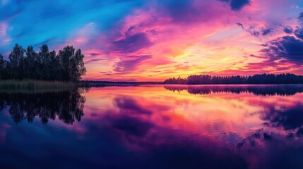 A stunning panorama of a tranquil lake reflecting the vibrant hues of a sunset sky.  The clouds create a breathtaking display of color, painting the water in a symphony of shades.