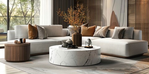 3D Realistic Coffee Table with Decorative Items in a Contemporary Living Room