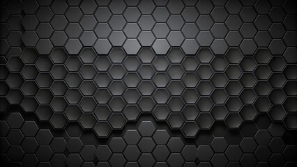 Background of abstract black 3d hexagon background design a dark honeycomb grid pattern. Abstract octagons dark 3d modern background. Abstract Black geometric background.