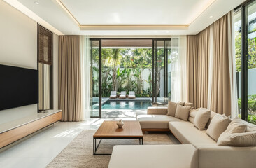 Beautiful modern living room with white walls, glass sliding doors, and curtains on the right side leading to an outdoor pool area in front of a tropical garden view